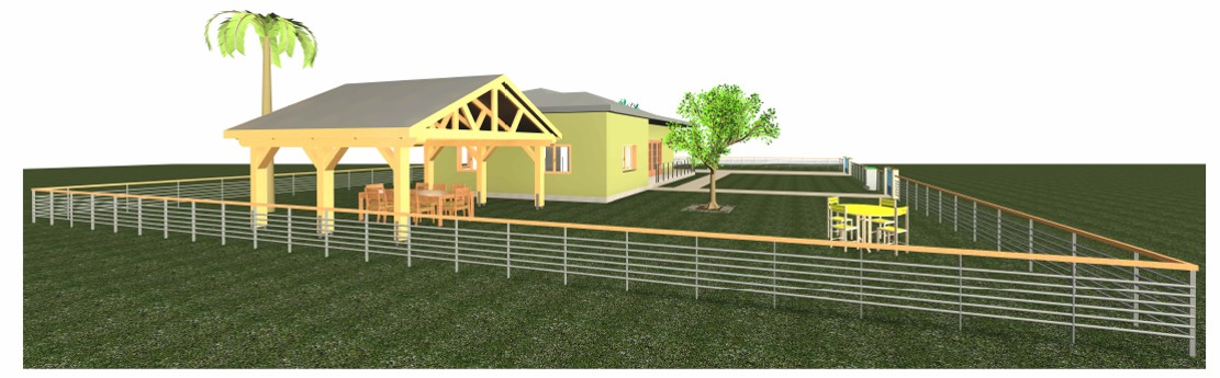 Rendu 3D d'une maison avec terrasse, jardin et cl&ocirc;ture